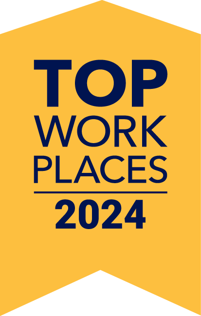 A gold ribbon with "Top Work Places 2024" in dark blue font, emphasizing why careers at Serve You Rx are great.