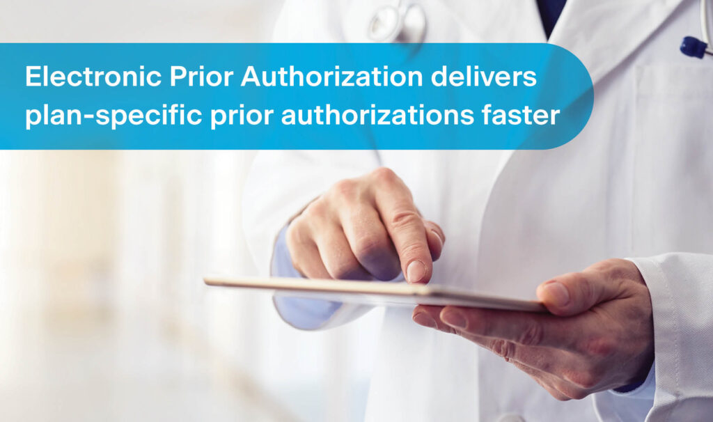 A healthcare provider submitting a prior authorization request electronically with the text "electronic Prior Authorization delivers plan-specific prior authorization faster"
