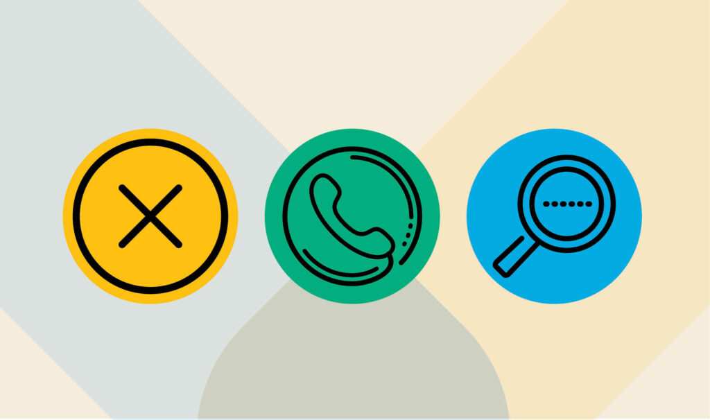 Three circles show the steps of a prior authorization process - an X for a rejection, a phone for the notification, and a magnifying glass representing the approval process.