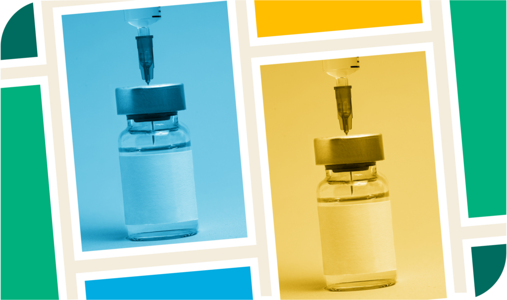 Artistically laid out rectangular boxes in green, blue, and yellow, all framed with white. Inside the center two boxes are vials of GLP-1 antagonists with needles inserted in them. This alludes to GLP-1 antagonist shortages and compounds.