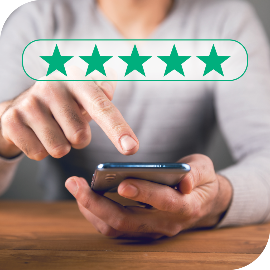 a close up of a persons hands about to touch a button on their phone, with an overlay of 5 stars