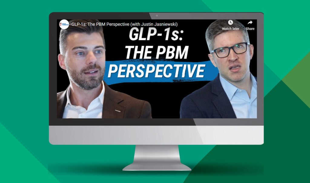 A screen grab of a youtube video featuring two white men and the title GLP-1s: The PBM Perspective