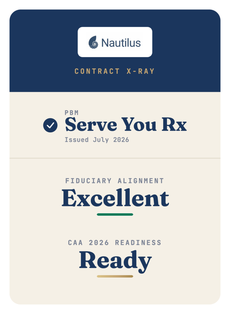 Nautilus project award plaque showing Serve You Rx as having excellent fiduciary alignment and being CAA 2026 ready
