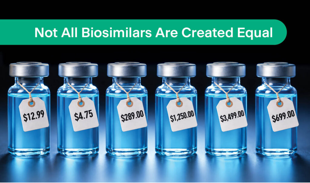 Six blue vials with price tags ranging from $4.75 to $3,499, under the headline Not All Biosimilars Are Created Equal.