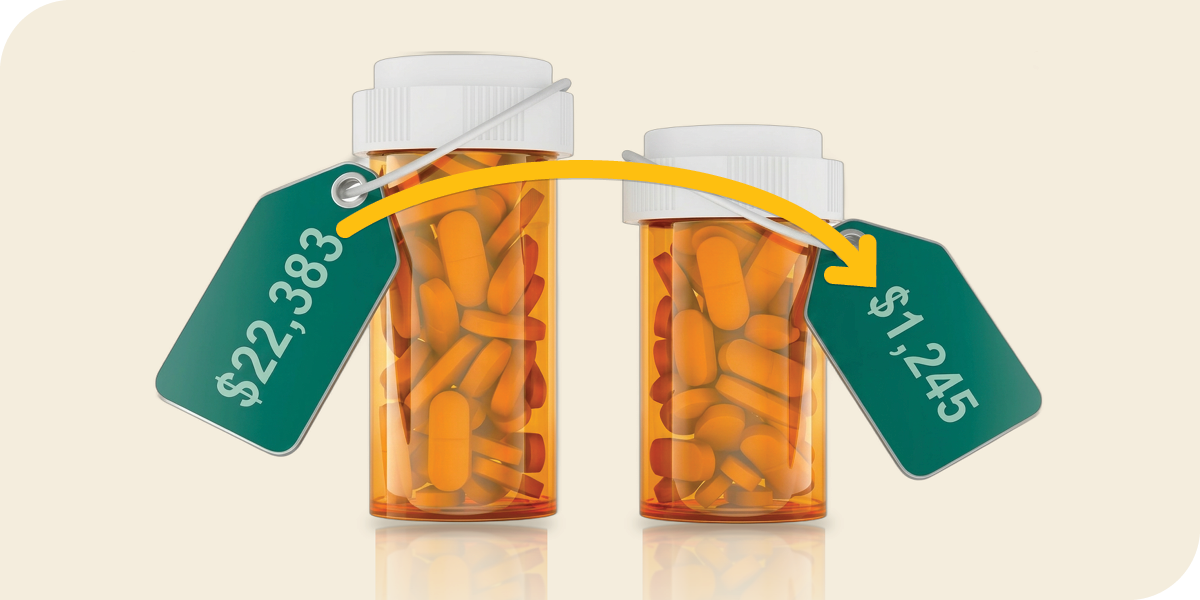 Brand drug at $22,383 per fill next to a biosimilar at $1,245.