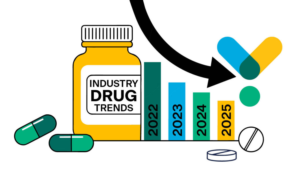 Artistic rendering of a downward graph next to a pill bottle with "drug trend" written on it