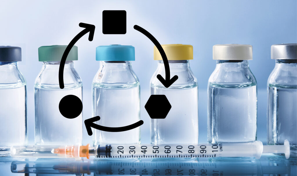 A series of medicine vials with a circular process icon overtop, symbolizing Biosimilars are reshaping drug spending