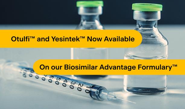 Two clear medication vials with bright yellow-green caps and a syringe. The test reads "Otulfi now available"
