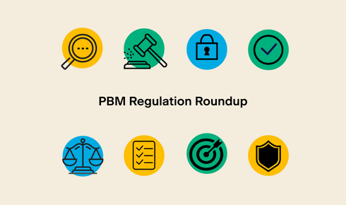 PBM Regulation Roundup with legal-related icons above and below