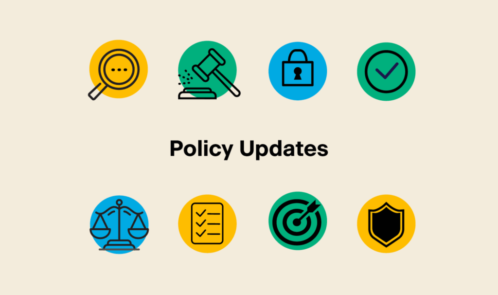 A series of legal and policy related icons with "policy updates" for our compliance and policy update series.