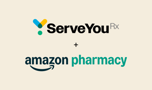 Serve You Rx and Amazon Pharmacy logos stacked with a plus sign between them