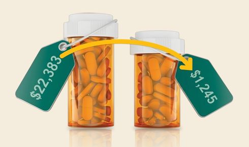 Brand drug at $22,383 per fill next to a biosimilar at $1,245.