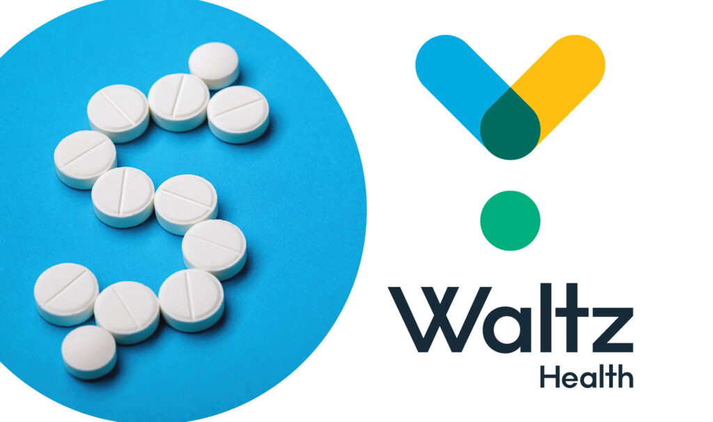 A dollar sign made of medications inside a blue circle with the Serve You Rx and Waltz logos stacked t the side.