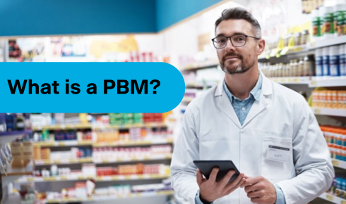 A pharmacist in a pharmacy with the words "What is a PBM?"