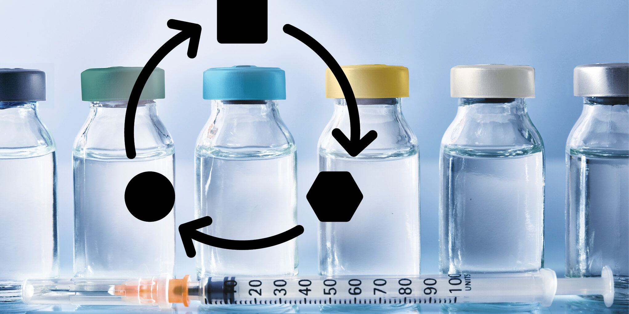 How Biosimilars Are Reshaping Specialty Drug Spending A series of medicine vials with a circular process icon overtop, symbolizing Biosimilars are reshaping drug spending