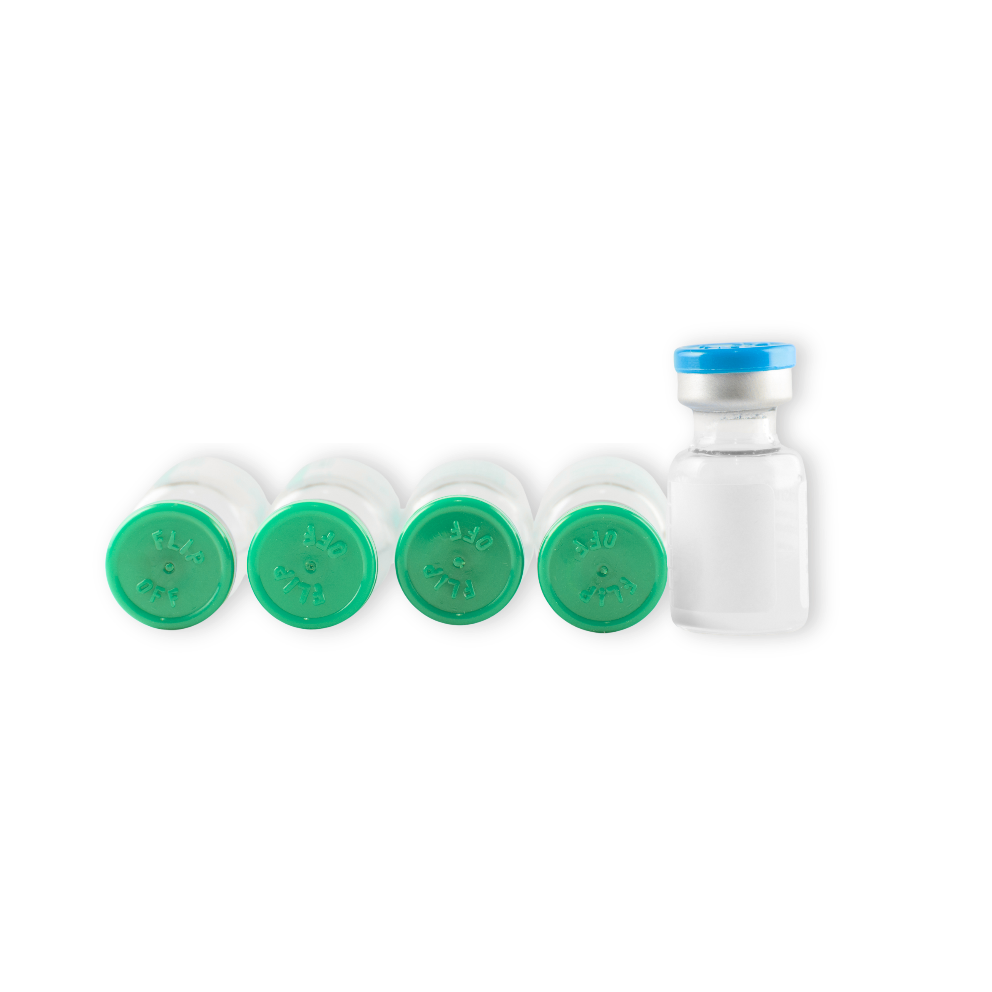 biosimilar advantage savings 5 medication vials in a row. 4 laying on their sides with green caps facing forward and one standing upright with a blue cap.