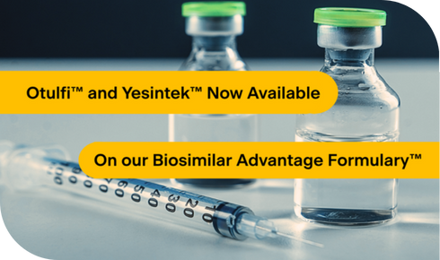 Two clear medication vials with bright yellow-green caps and a syringe. The test reads "Otulfi and Yesintek now available on our Biosimilar Advantage Formulary"