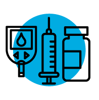 specialty medication icon_B Outlines of a meter, syringe, and pill bottle with a blue circle in the background
